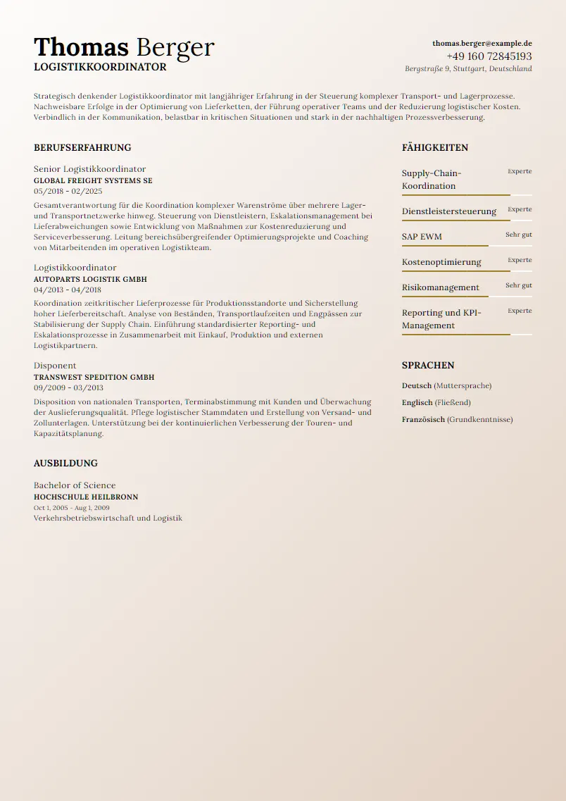 Lebenslauf Beispiel Logistikkoordinator - Thomas Berger
