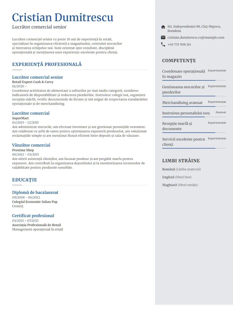 Exemplu CV Lucrător comercial senior - Cristian Dumitrescu