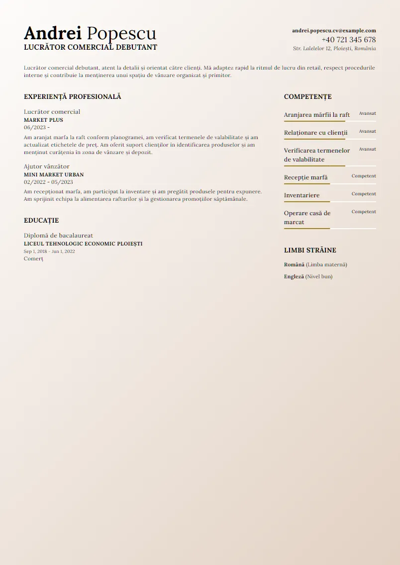 Exemplu CV Lucrător comercial debutant - Andrei Popescu