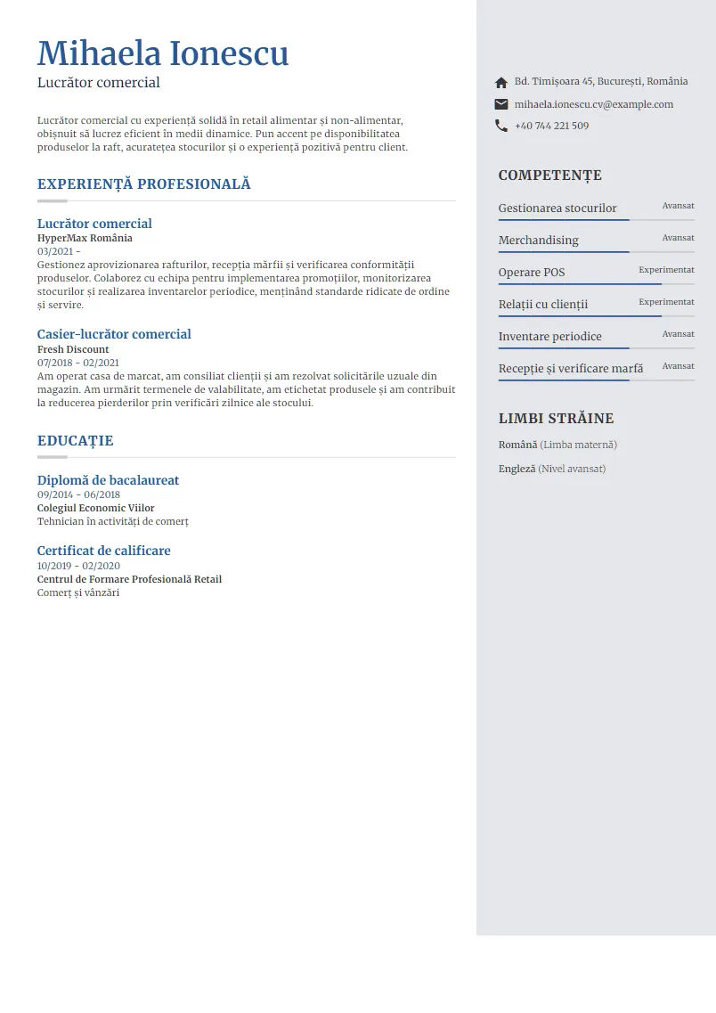 Exemplu CV Lucrător comercial - Mihaela Ionescu