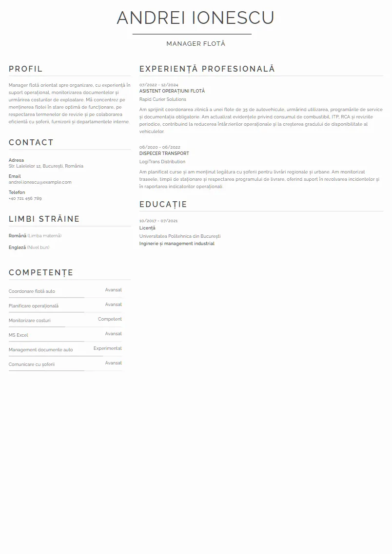 Exemplu CV Manager flotă - Andrei Ionescu