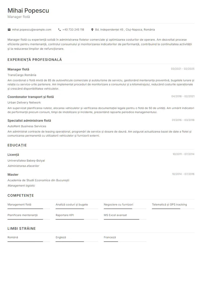 Exemplu CV Manager flotă - Mihai Popescu