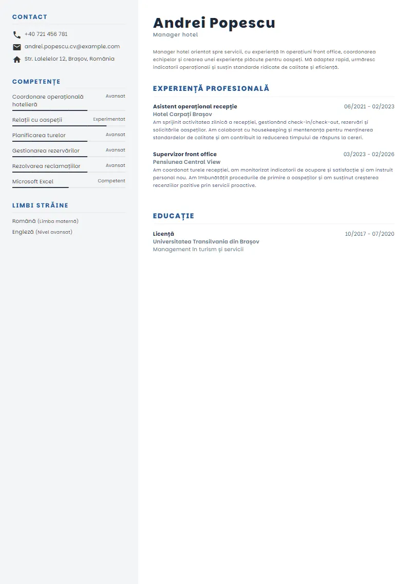 Exemplu CV Manager hotel - Andrei Popescu