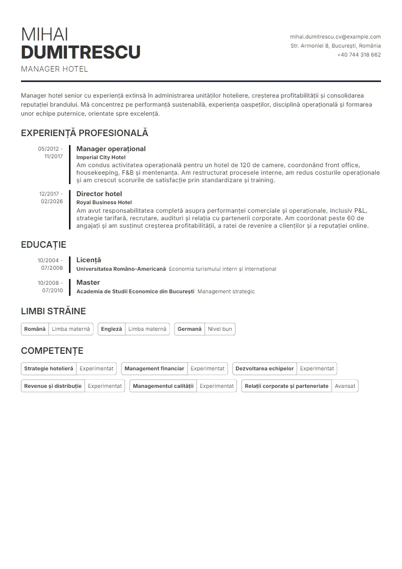 Exemplu CV Manager hotel - Mihai Dumitrescu