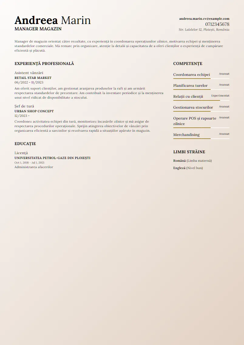 Exemplu CV Manager magazin - Andreea Marin