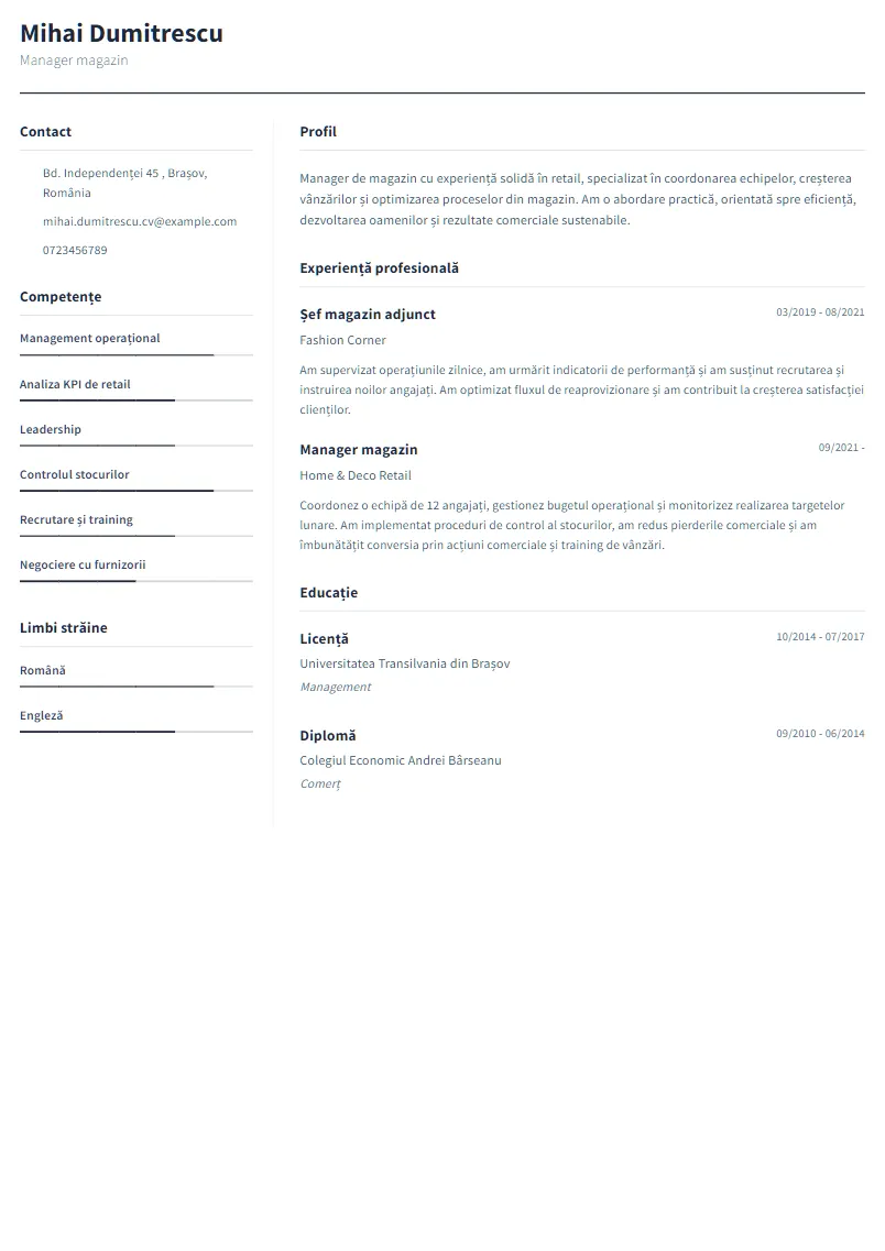 Exemplu CV Manager magazin - Mihai Dumitrescu