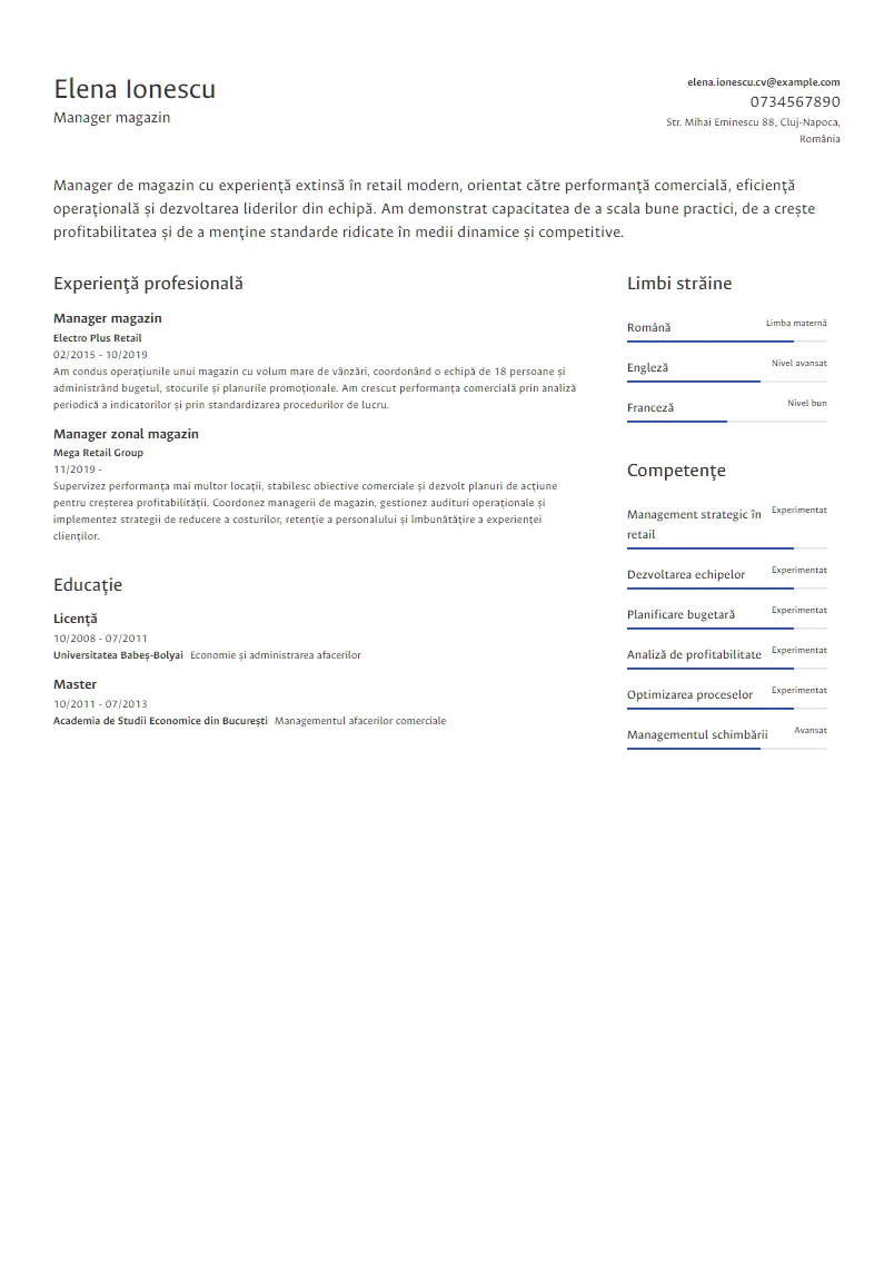 Exemplu CV Manager magazin - Elena Ionescu