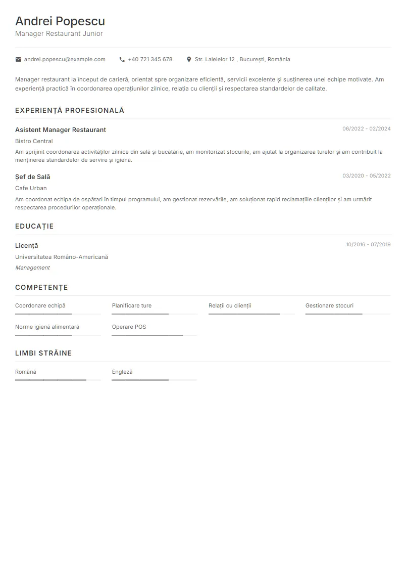 Exemplu CV Manager Restaurant Junior - Andrei Popescu