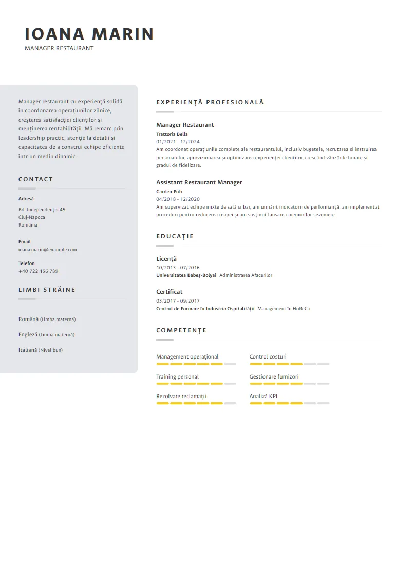 Exemplu CV Manager Restaurant - Ioana Marin