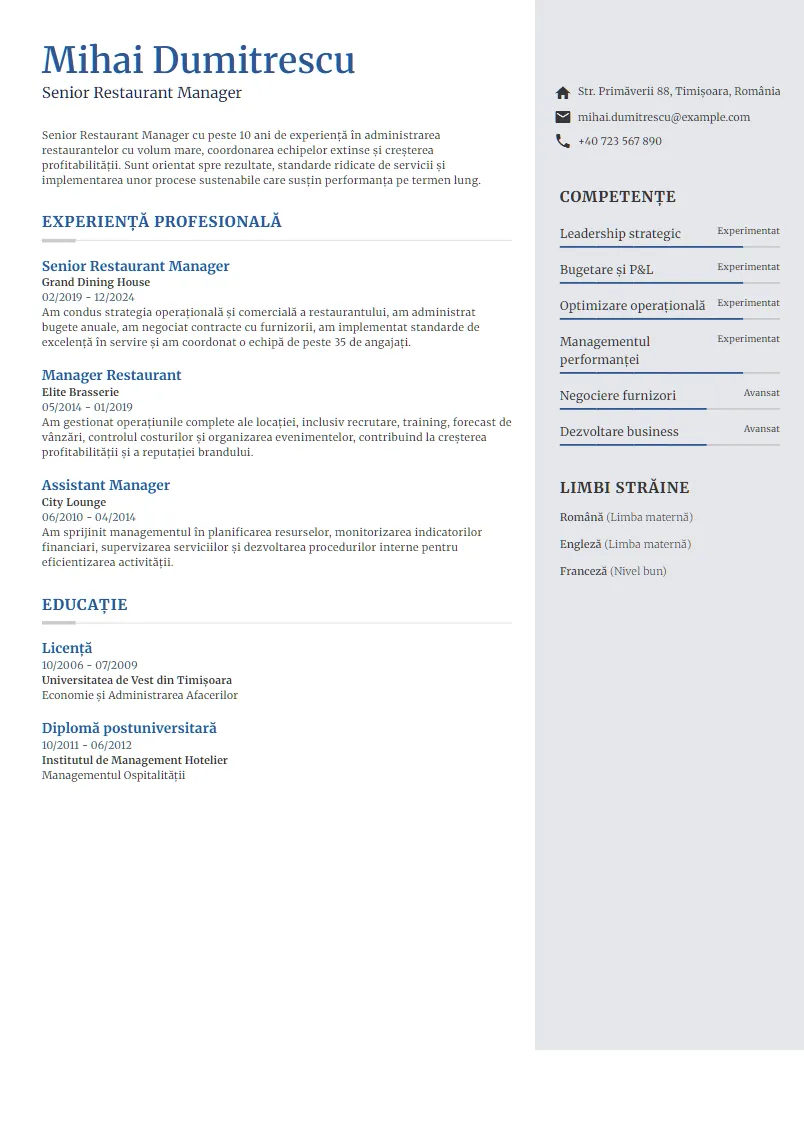 Exemplu CV Senior Restaurant Manager - Mihai Dumitrescu