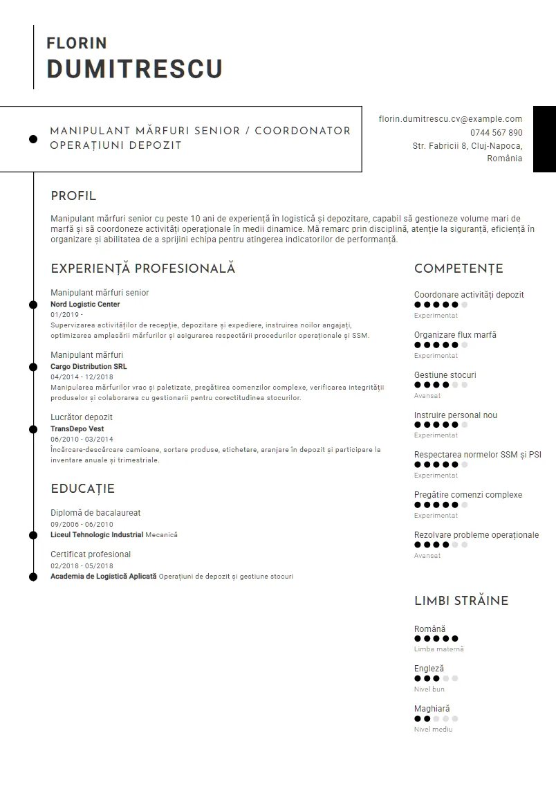 Exemplu CV Manipulant mărfuri senior / Coordonator operațiuni depozit - Florin Dumitrescu
