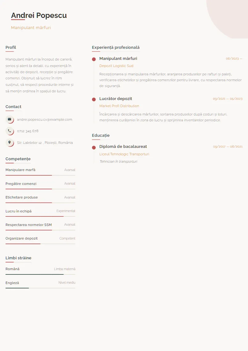 Exemplu CV Manipulant mărfuri - Andrei Popescu