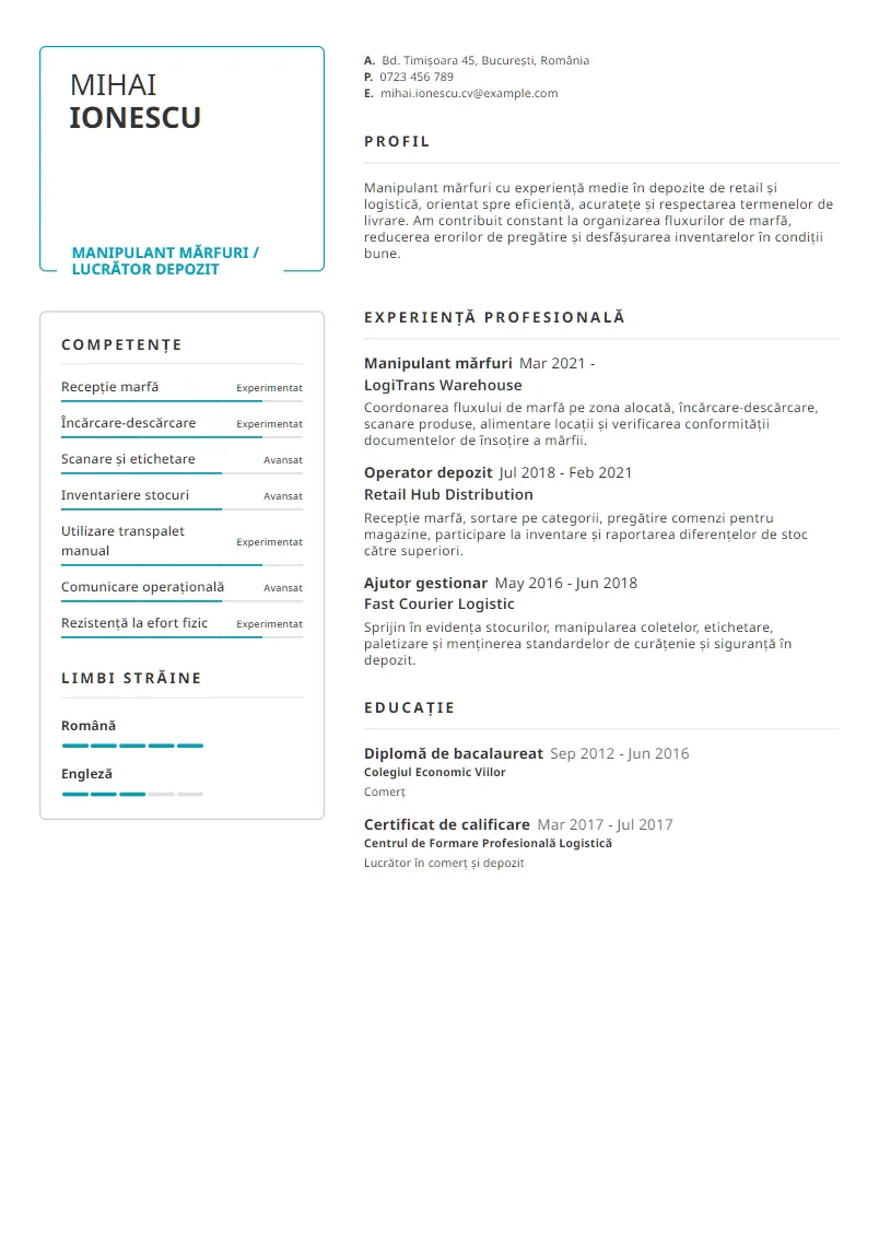 Exemplu CV Manipulant mărfuri / Lucrător depozit - Mihai Ionescu