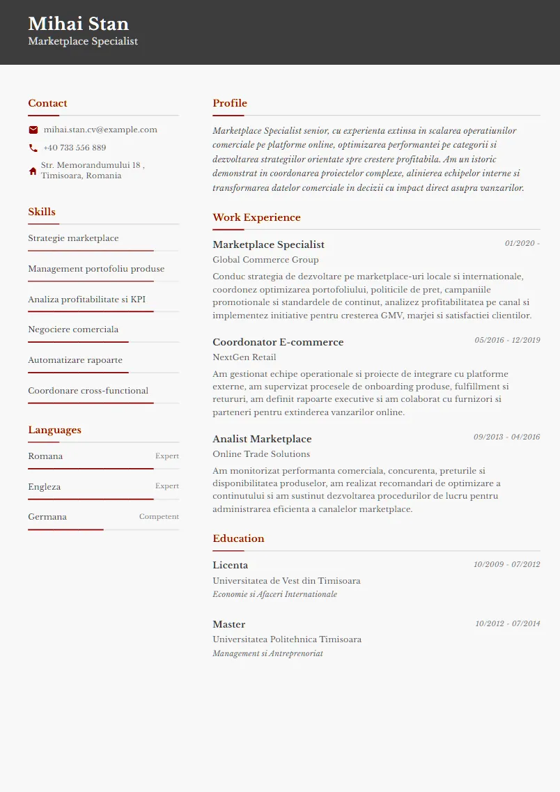Exemplu CV Marketplace Specialist - Mihai Stan