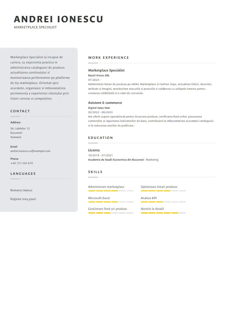 Exemplu CV Marketplace Specialist - Andrei Ionescu