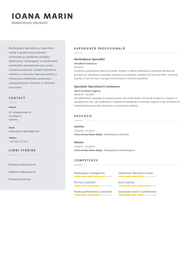 Exemplu CV Marketplace Specialist - Ioana Marin