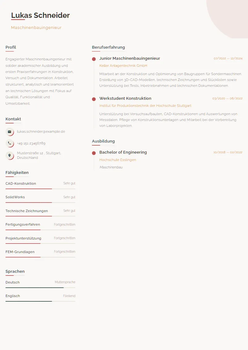 Lebenslauf Beispiel Maschinenbauingenieur - Lukas Schneider