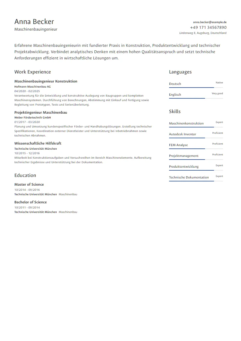 Lebenslauf Beispiel Maschinenbauingenieur - Anna Becker