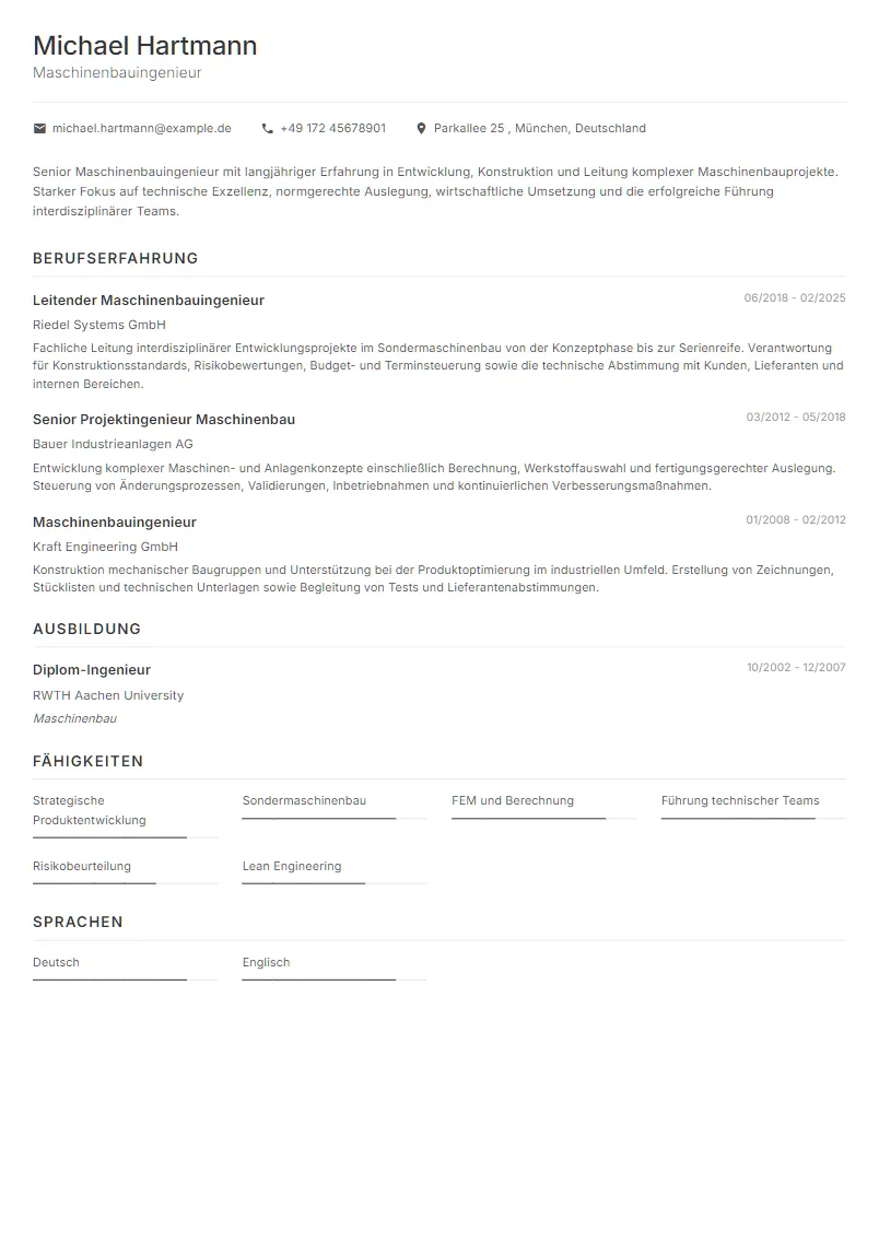 Lebenslauf Beispiel Maschinenbauingenieur - Michael Hartmann