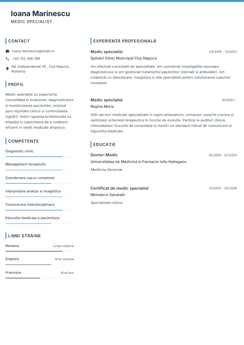 Exemplu CV Medic specialist - Ioana Marinescu
