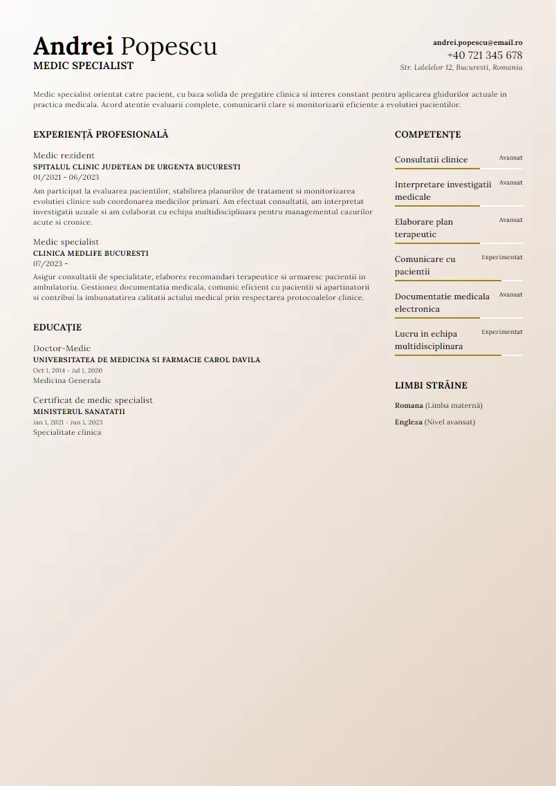 Exemplu CV Medic specialist - Andrei Popescu