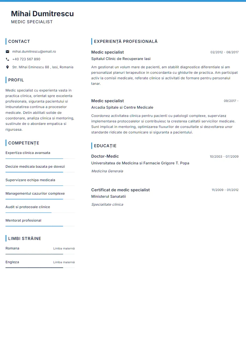 Exemplu CV Medic specialist - Mihai Dumitrescu