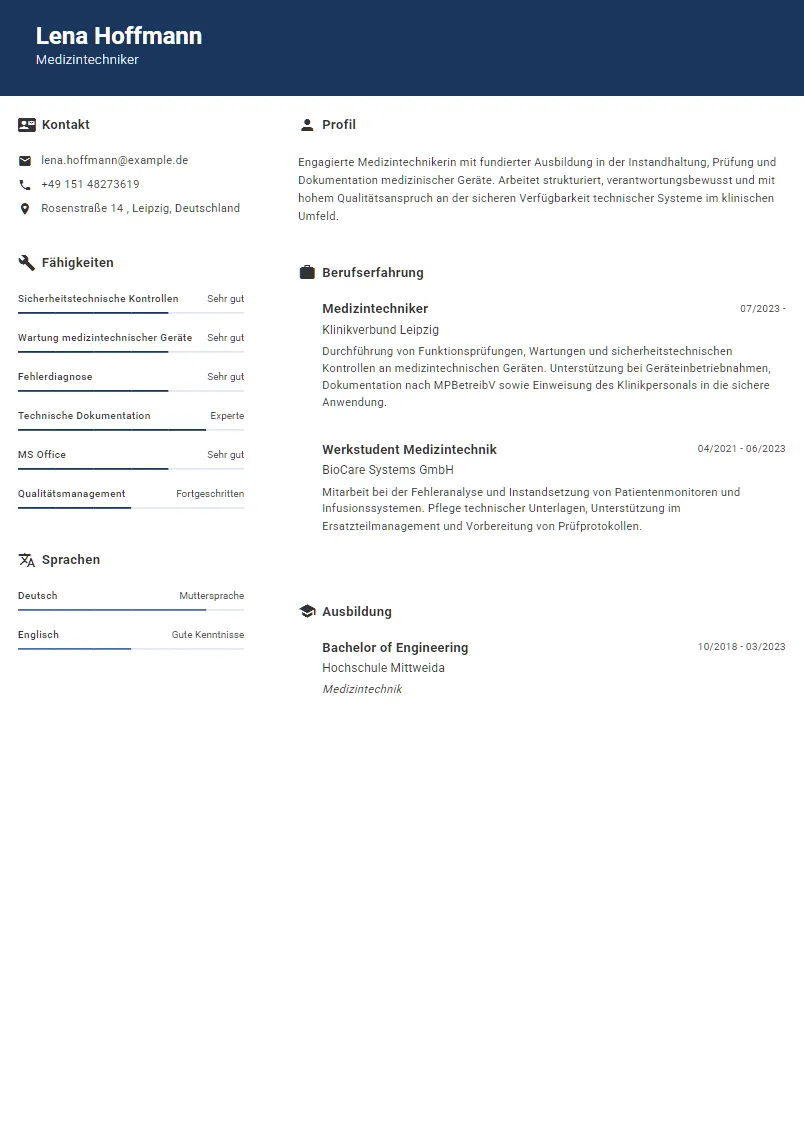 Lebenslauf Beispiel Medizintechniker - Lena Hoffmann