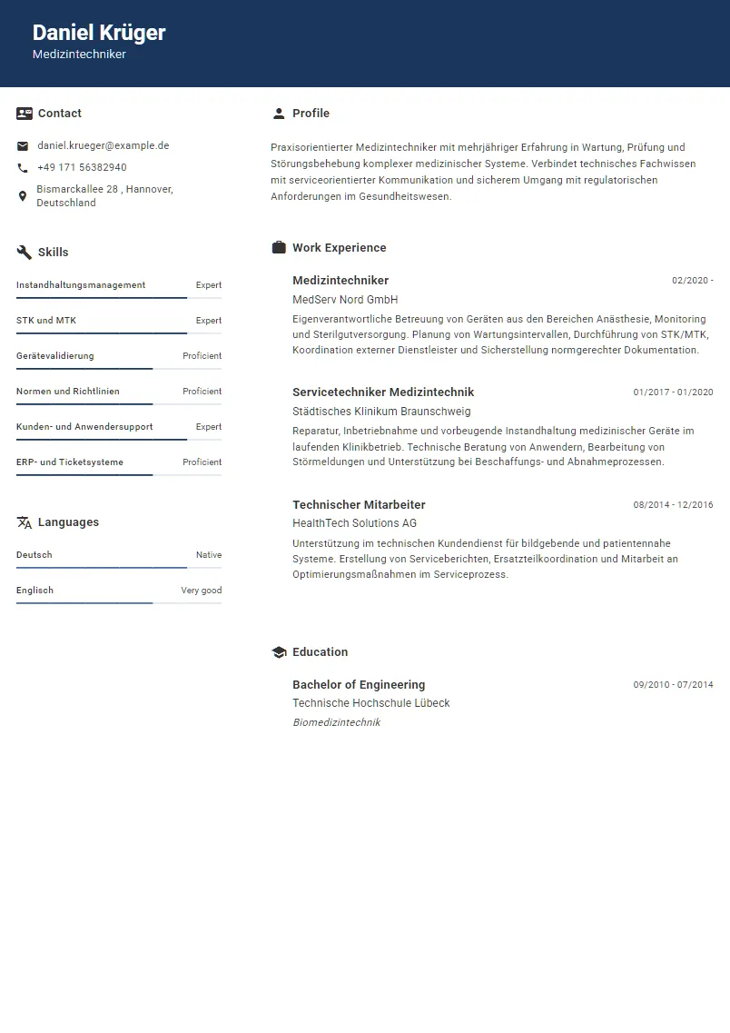 Lebenslauf Beispiel Medizintechniker - Daniel Krüger