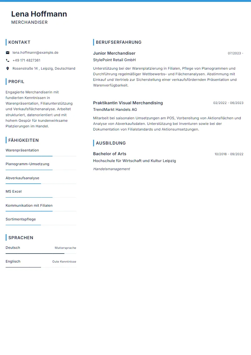 Lebenslauf Beispiel Merchandiser - Lena Hoffmann