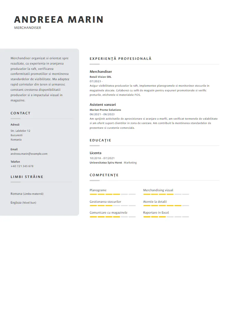Exemplu CV Merchandiser - Andreea Marin