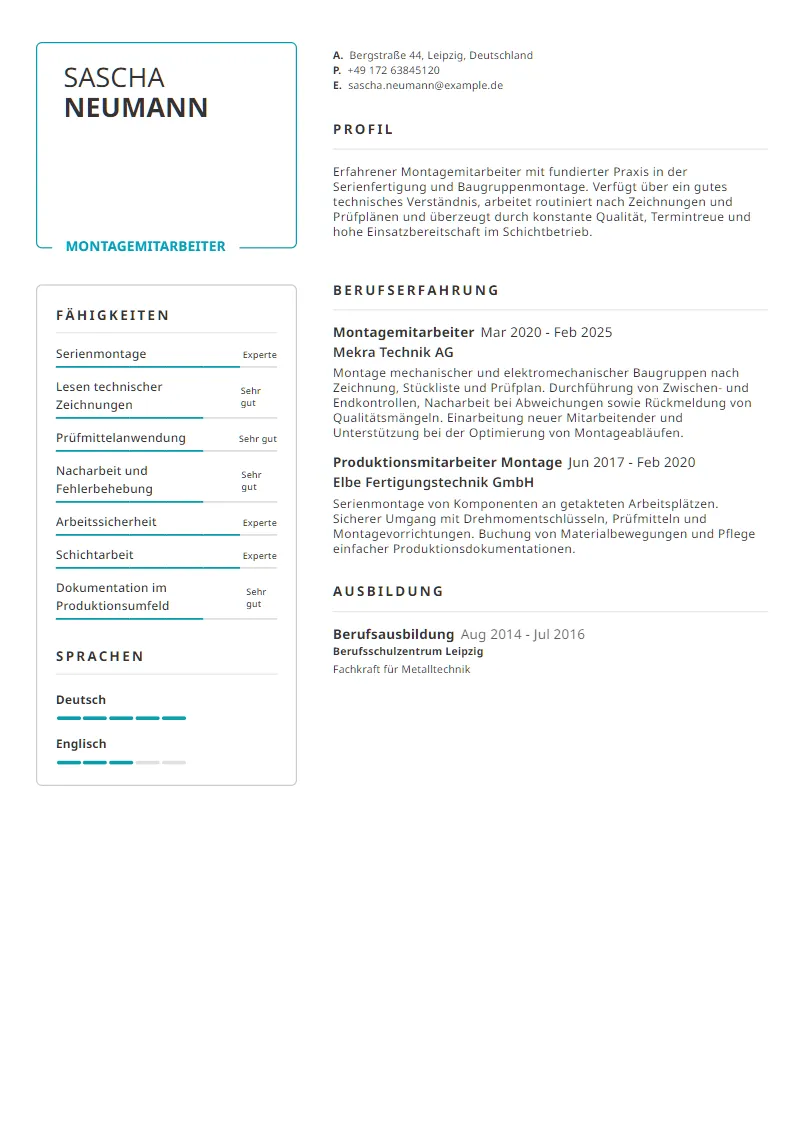 Lebenslauf Beispiel Montagemitarbeiter - Sascha Neumann