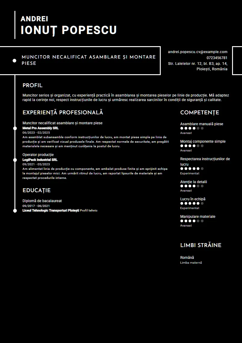 Exemplu CV Muncitor necalificat asamblare și montare piese - Andrei Ionuț Popescu
