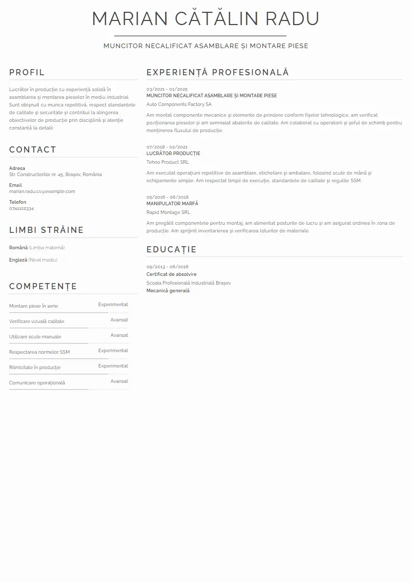 Exemplu CV Muncitor necalificat asamblare și montare piese - Marian Cătălin Radu