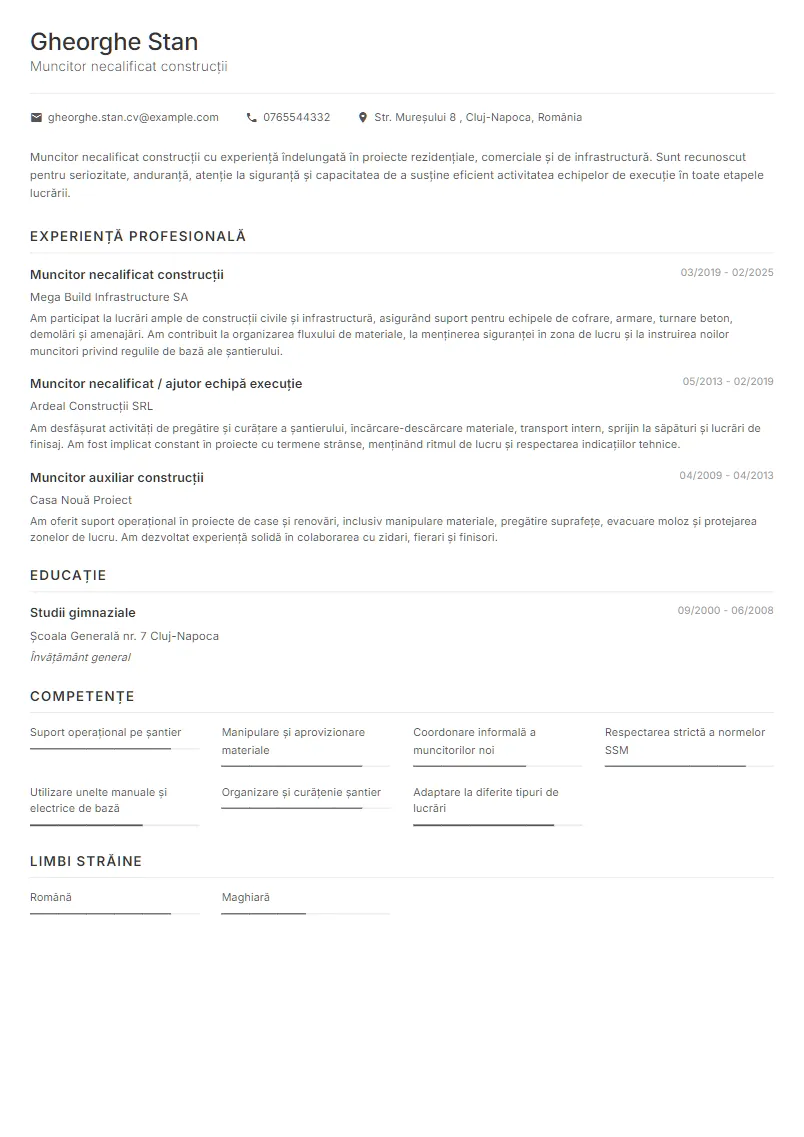 Exemplu CV Muncitor necalificat construcții - Gheorghe Stan