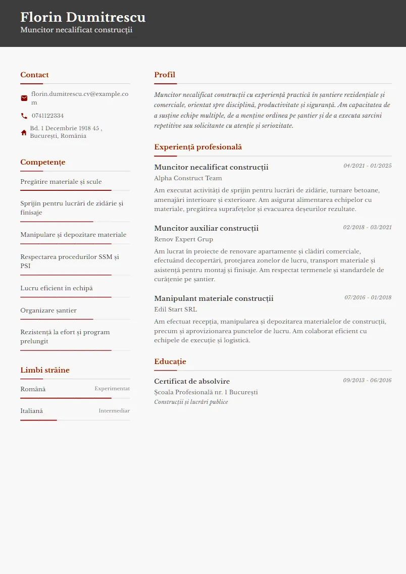 Exemplu CV Muncitor necalificat construcții - Florin Dumitrescu