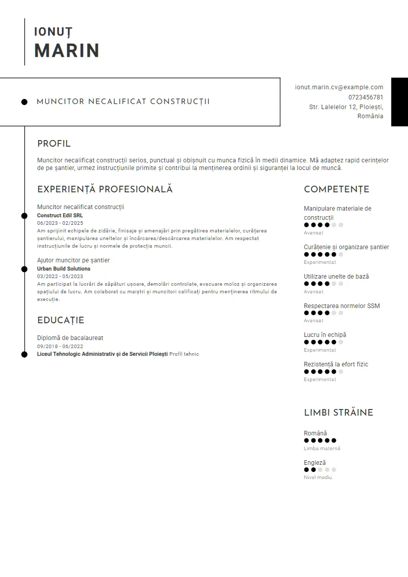 Exemplu CV Muncitor necalificat construcții - Ionuț Marin
