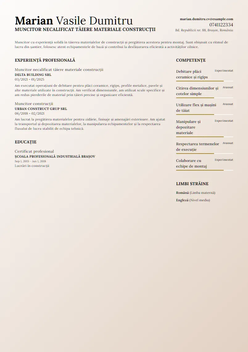 Exemplu CV Muncitor necalificat tăiere materiale construcții - Marian Vasile Dumitru