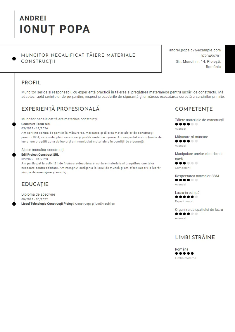 Exemplu CV Muncitor necalificat tăiere materiale construcții - Andrei Ionuț Popa