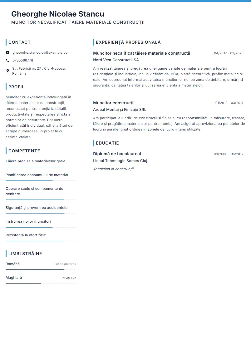 Exemplu CV Muncitor necalificat tăiere materiale construcții - Gheorghe Nicolae Stancu