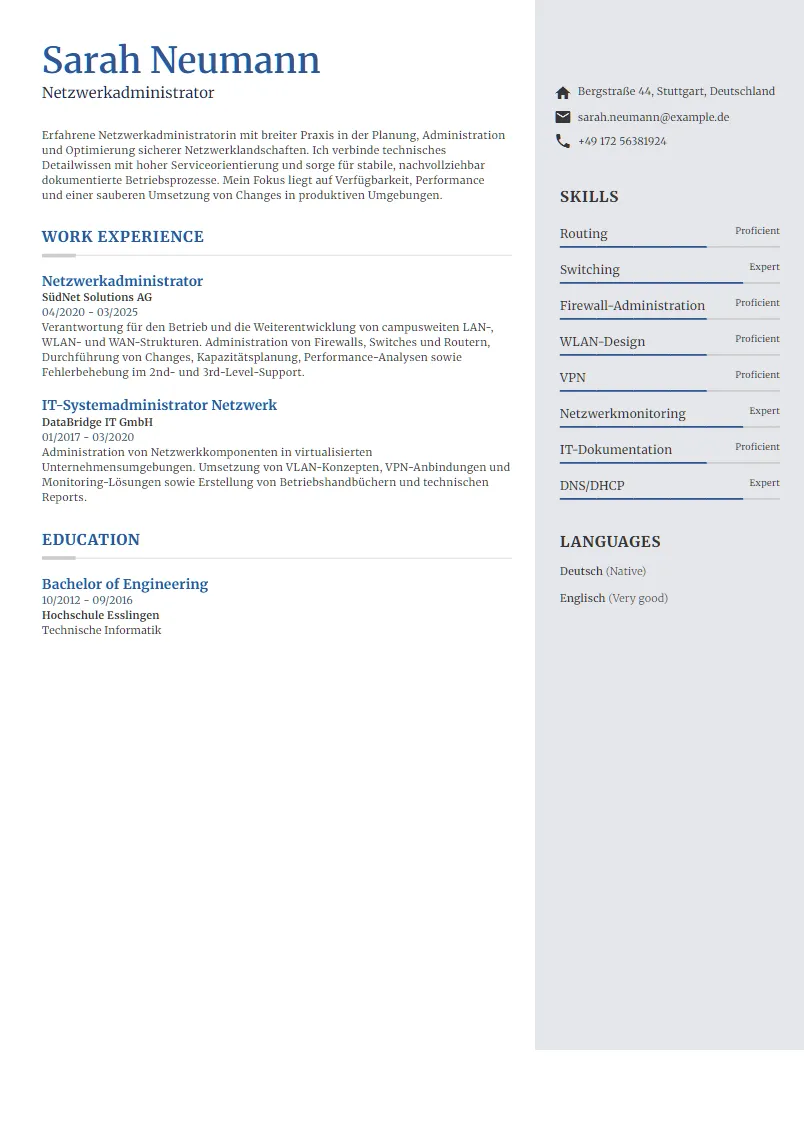 Lebenslauf Beispiel Netzwerkadministrator - Sarah Neumann