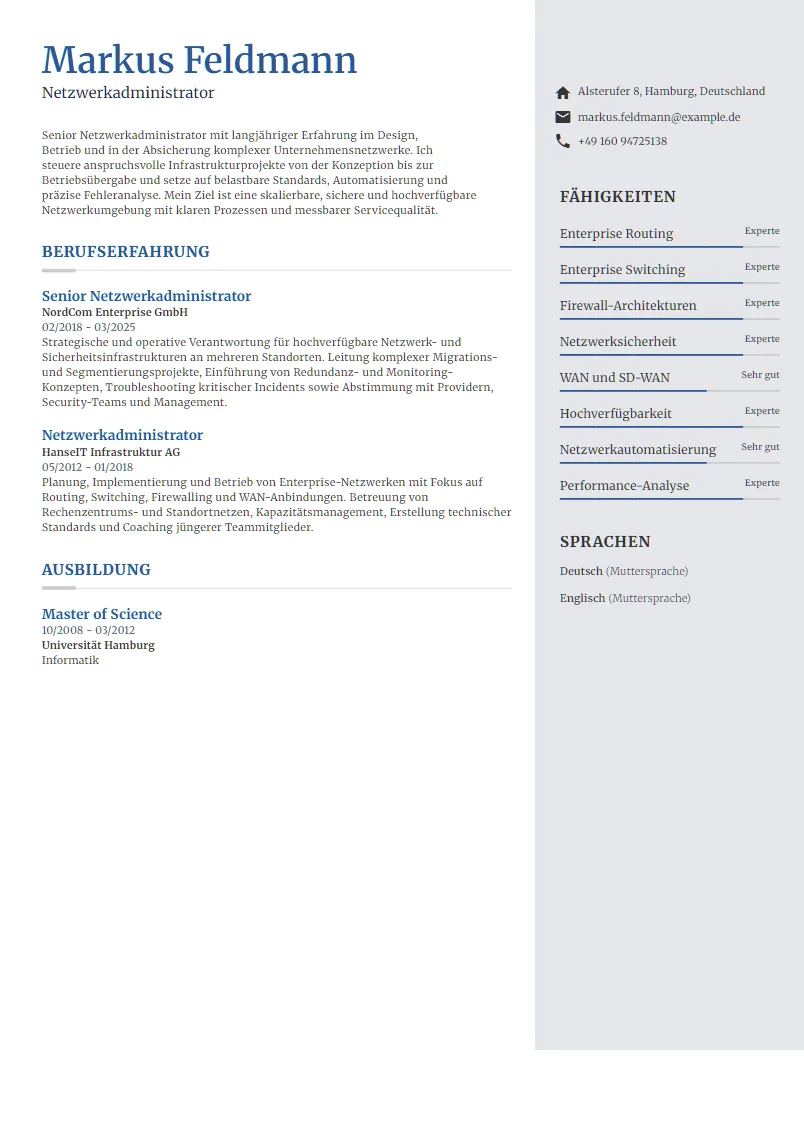 Lebenslauf Beispiel Netzwerkadministrator - Markus Feldmann