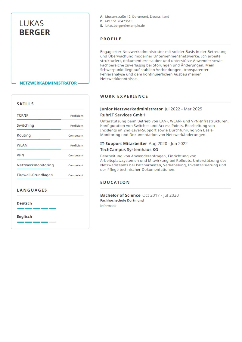Lebenslauf Beispiel Netzwerkadministrator - Lukas Berger