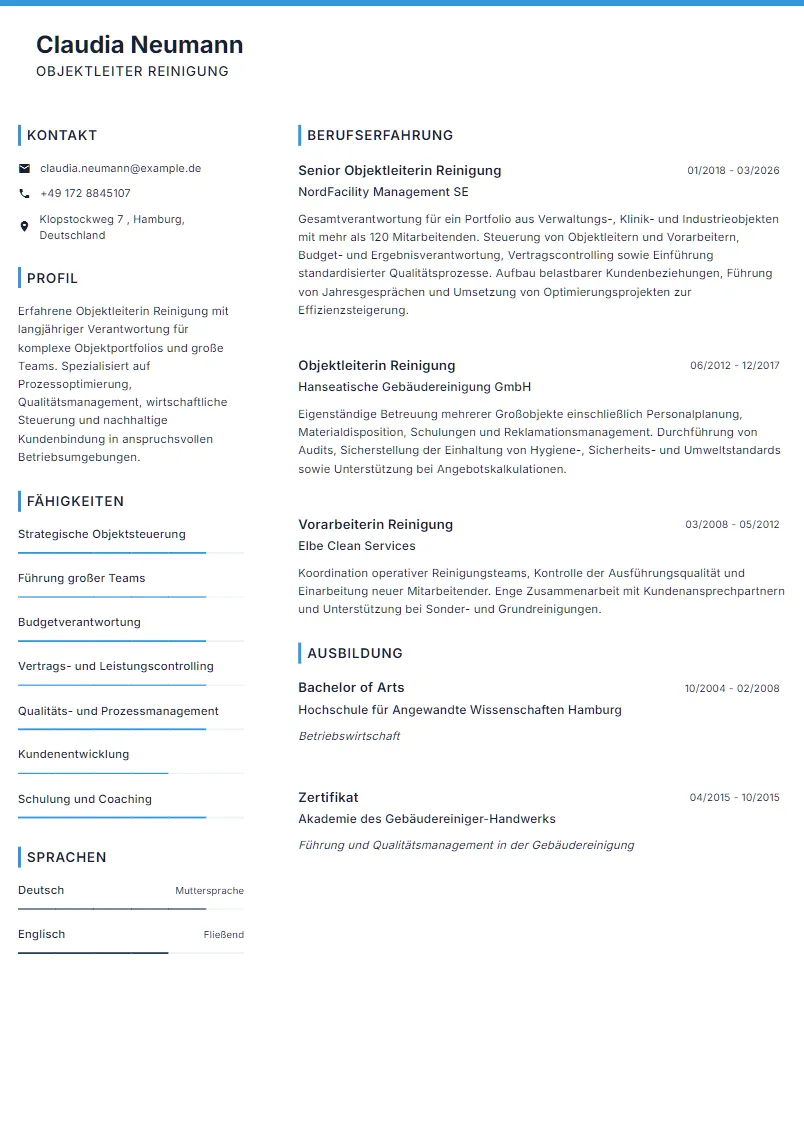 Lebenslauf Beispiel Objektleiter Reinigung - Claudia Neumann