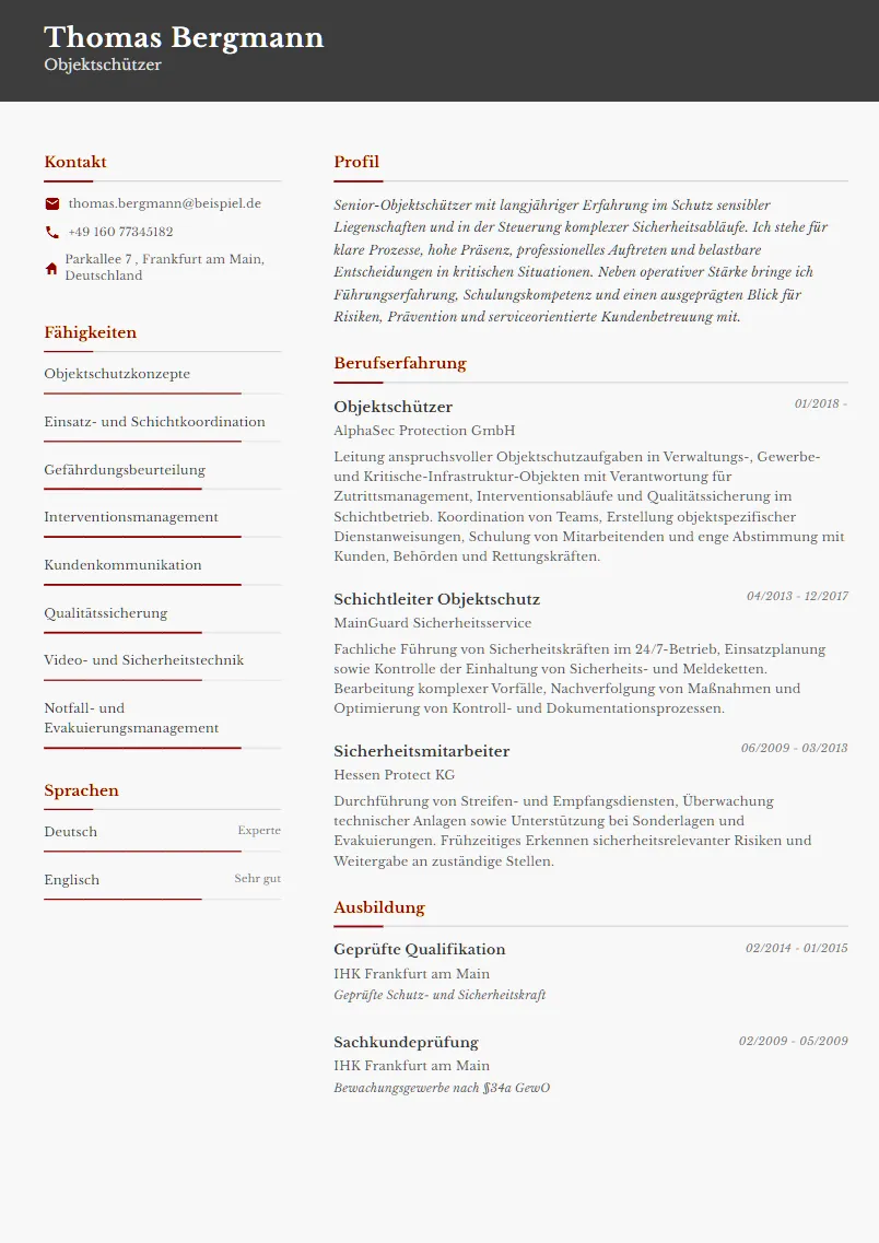 Lebenslauf Beispiel Objektschützer - Thomas Bergmann