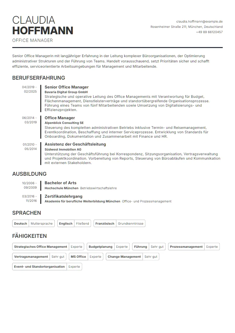 Lebenslauf Beispiel Office Manager - Claudia Hoffmann