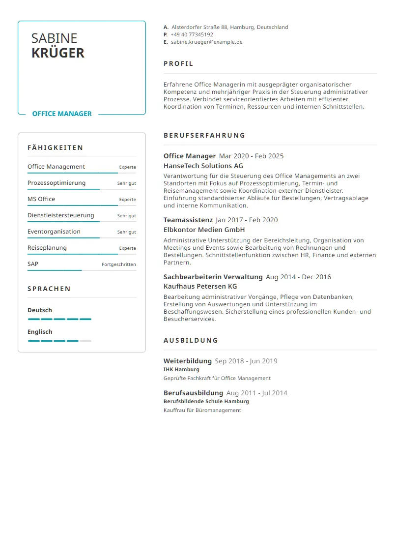 Lebenslauf Beispiel Office Manager - Sabine Krüger