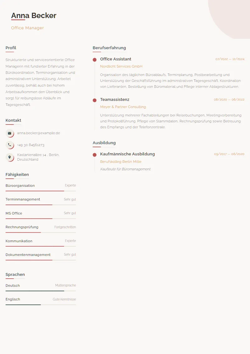Lebenslauf Beispiel Office Manager - Anna Becker