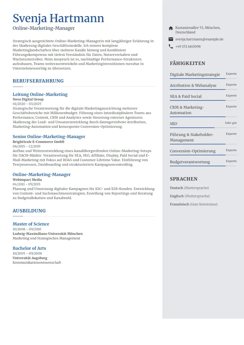 Lebenslauf Beispiel Online-Marketing-Manager - Svenja Hartmann