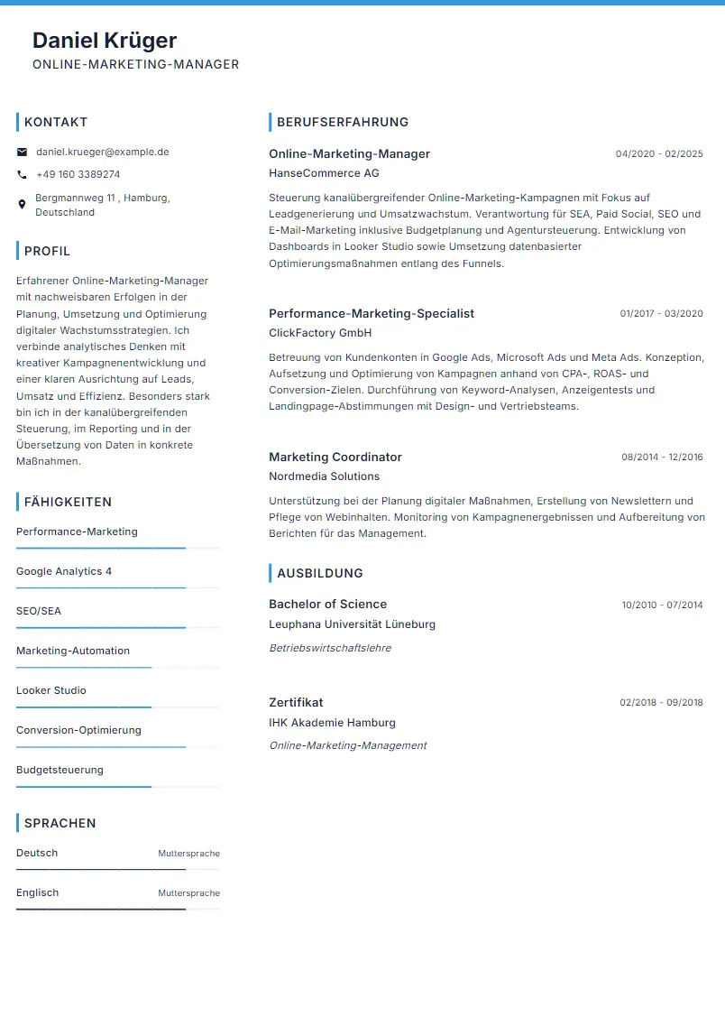 Lebenslauf Beispiel Online-Marketing-Manager - Daniel Krüger