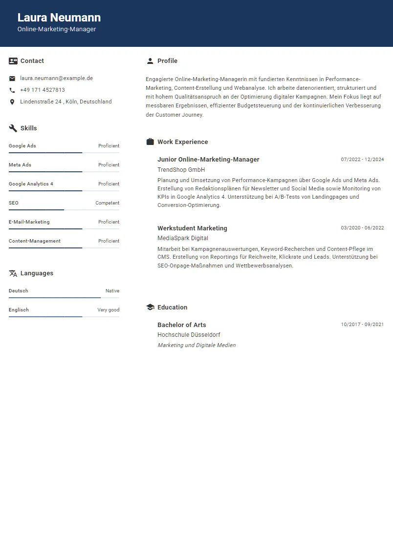 Lebenslauf Beispiel Online-Marketing-Manager - Laura Neumann
